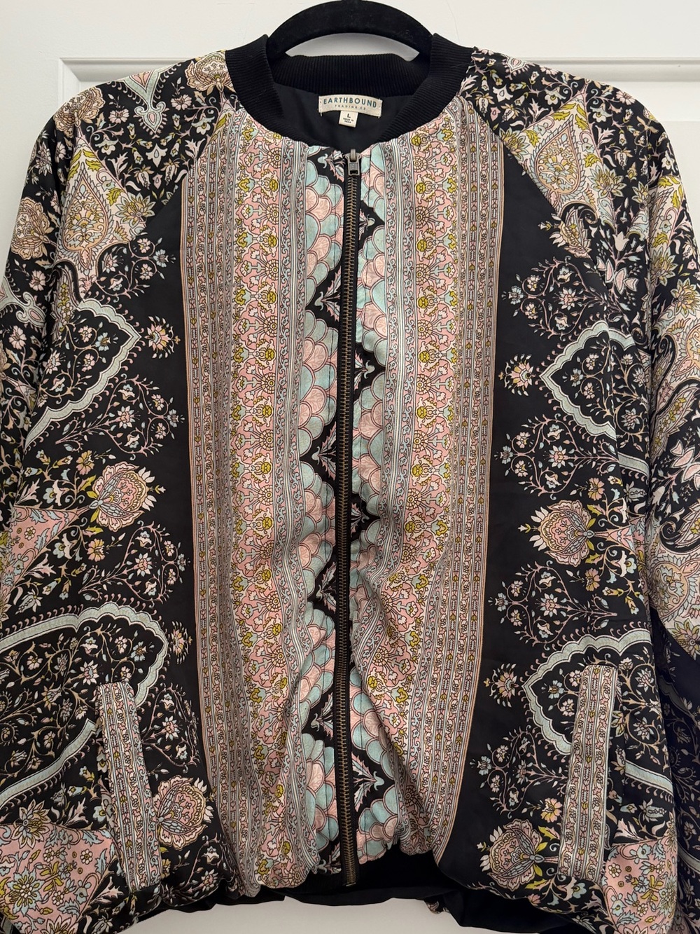 Earthbound Trading Co Paisley Floral Bomber Jacket Bubble Hem